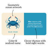 Image of a page from "Seafood Rainbow" A book from Chunky Deli. The page is of a Blue Crab, it has a geometric artwork with clever rhymes and spice name. 