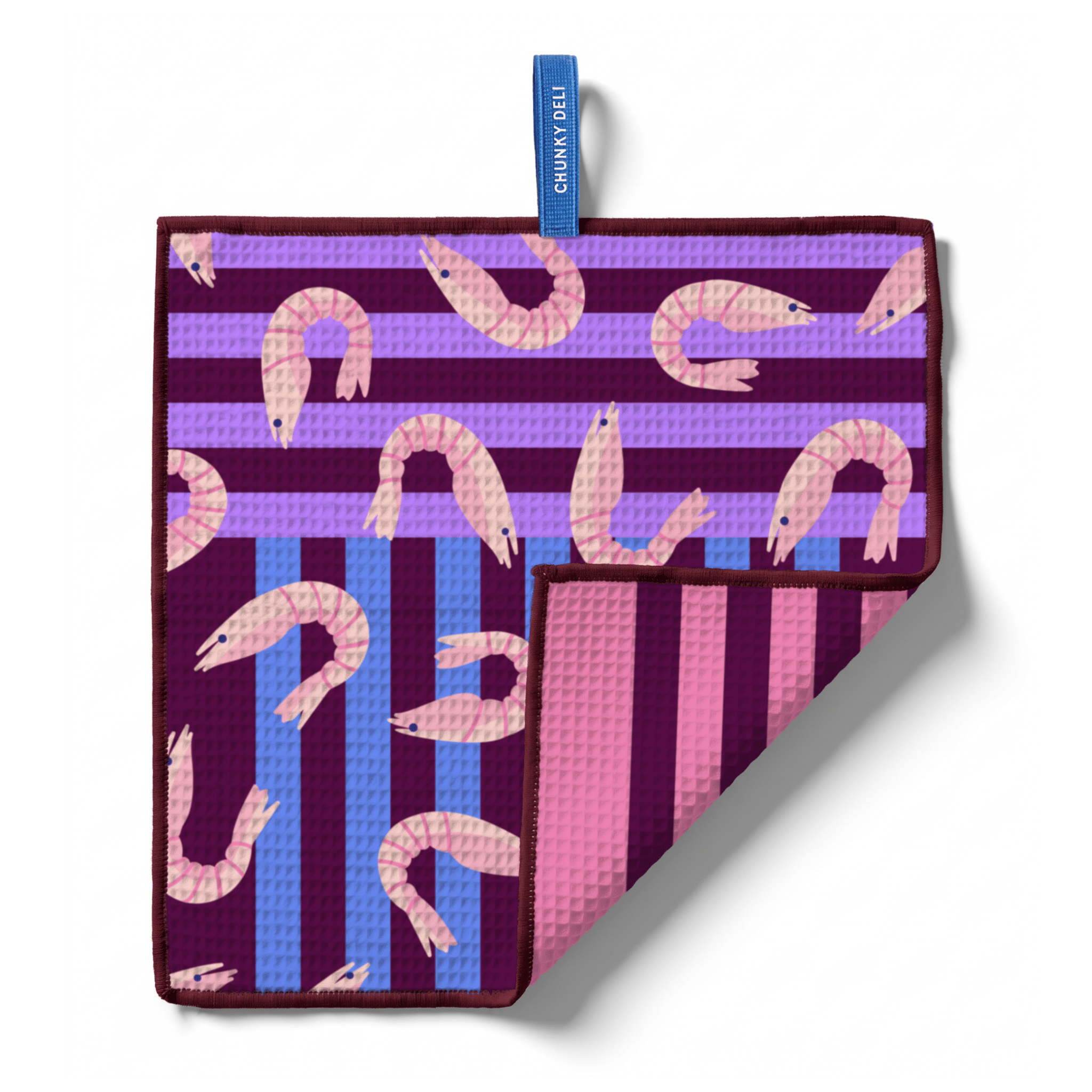 Chunky Deli product image of a towel with shrimp design on a purple and blue striped background