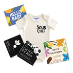 Chunky Deli product: Gourmet Baby Gift Bundle, including the "Sous Chef" bodysuit (100% cotton, natural color), "Gourmet Rainbow" board book, "Gourmet for Baby" high-contrast black and white art cards for visual stimulation, and an "Hello Baby" gift note