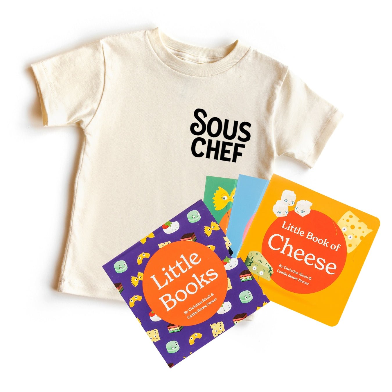 Chunky Deli "Sous Chef Starter Pack" featuring a nude, 100% cotton, short sleeve toddler tee with black text "SOUS CHEF", accompanied by the "Little Books: Culinary Collection" featuring three board books: "Little Book of Cheese," "Little Book of Cookies,