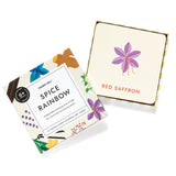 Chunky Deli product image: Open box of "Spice Rainbow" art cards, showing the box cover with title, age range, and hints of illustrations, as well as an example card featuring the spice saffron.