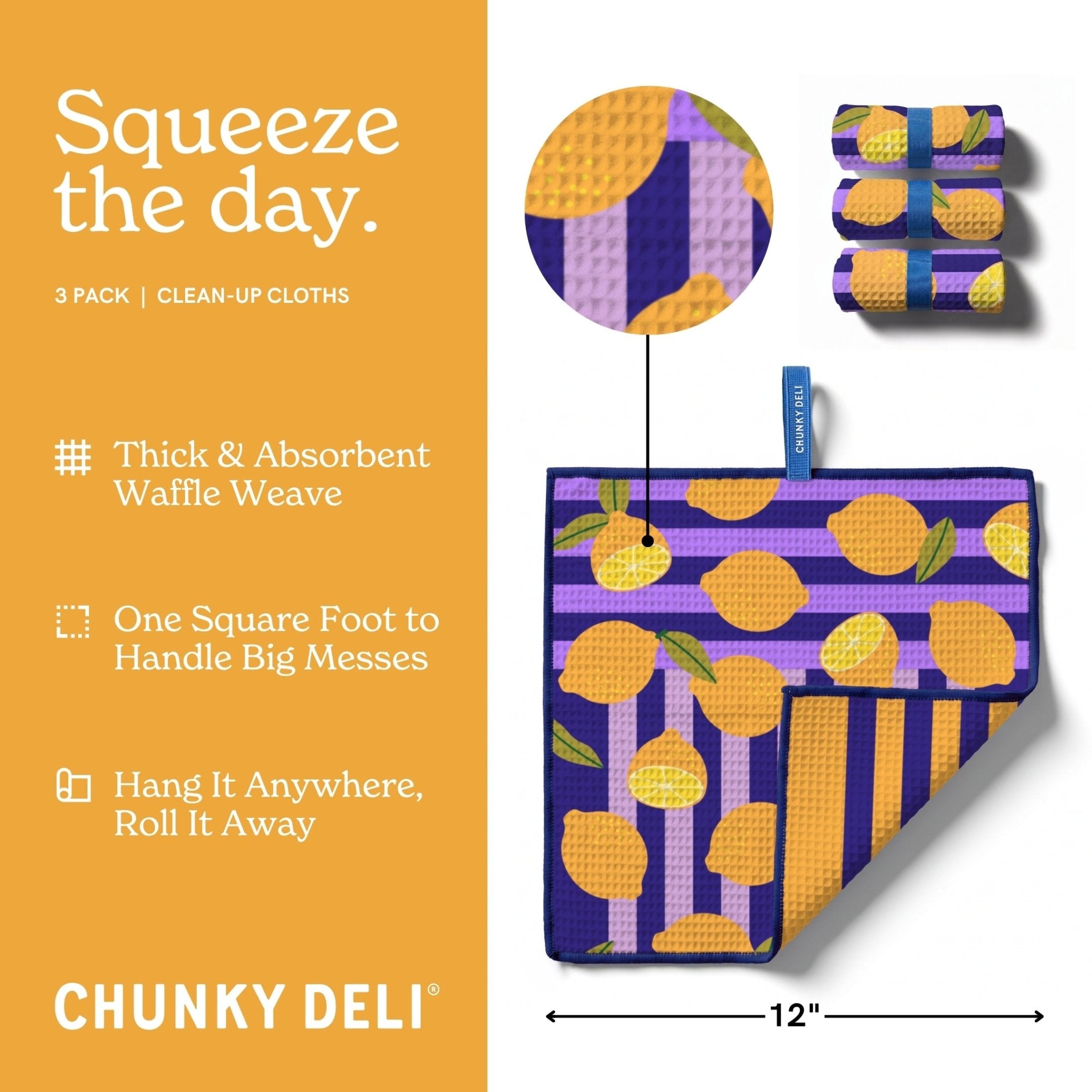 Chunky Deli squeeze the daycleaning cloths with packaging and features on a yellow background