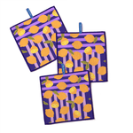 A Chunky Deli product image of three dishtowels featuring lemons and a purple striped pattern on a white background.