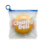 Transparent bag with a hamburger stacking toy labeled 'Chunky Deli' on a white background