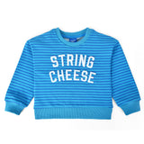 Chunky Deli String Cheese Kids Crewneck Sweater - Teal striped 100% cotton sweater with white puff-printed lettering