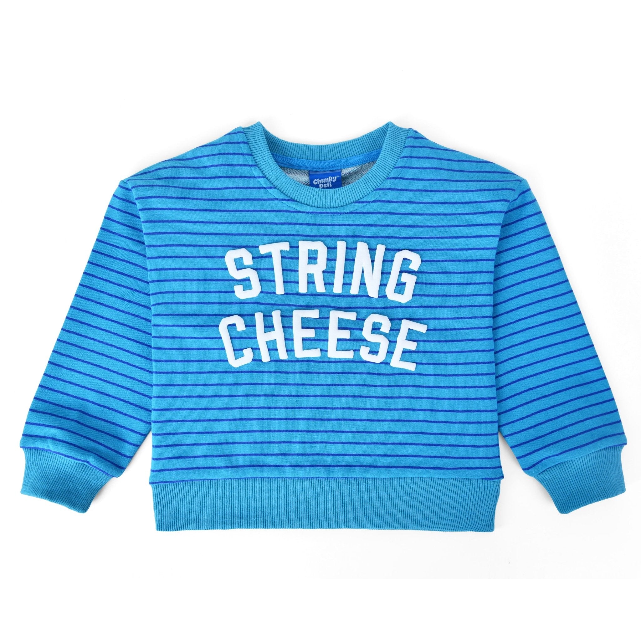 Chunky Deli String Cheese Kids Crewneck Sweater - Teal striped 100% cotton sweater with white puff-printed lettering