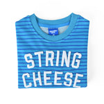 String Cheese Kids Crewneck Sweater by Chunky Deli in vibrant teal stripes, made of 100% cotton.