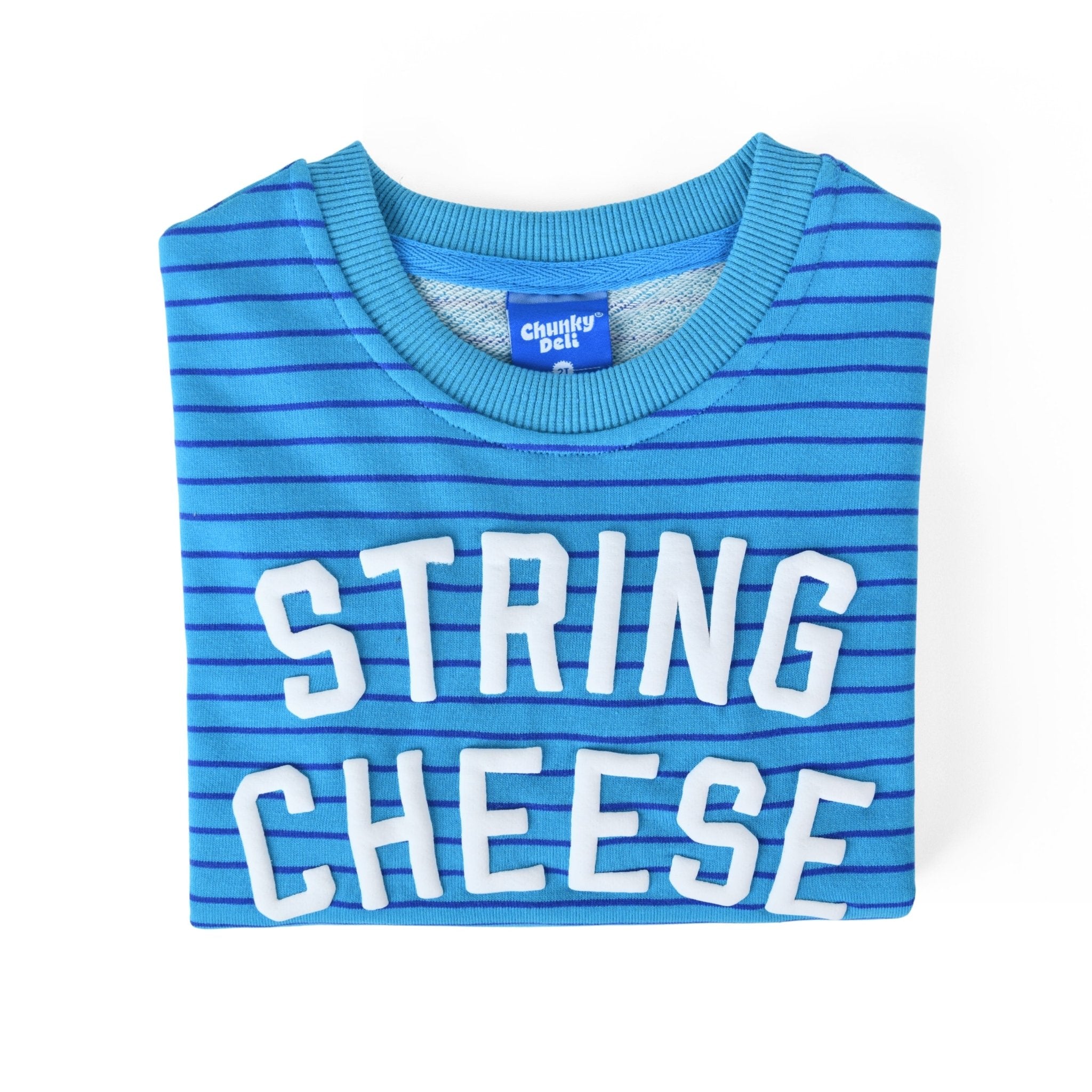 String Cheese Kids Crewneck Sweater by Chunky Deli in vibrant teal stripes, made of 100% cotton.