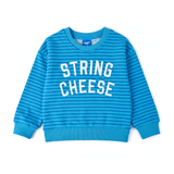 Chunky Deli String Cheese Kids Crewneck Sweater - Teal striped 100% cotton sweater with white puff-printed lettering