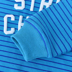 String Cheese Kids Crewneck Sweater featuring vibrant teal stripes and cozy cotton fabric.