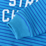 String Cheese Kids Crewneck Sweater featuring vibrant teal stripes and cozy cotton fabric.