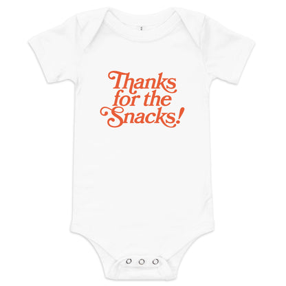 Chunky Deli product image: Natural-colored "Thanks for the Snacks!" bodysuit, 100% cotton with envelope shoulders and three-snap closure, laid flat on a white background.