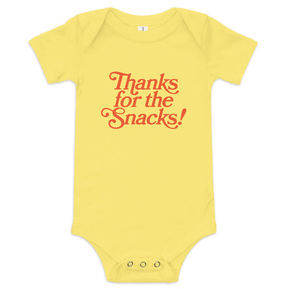 Chunky Deli product image: Yellow-colored "Thanks for the Snacks!" bodysuit, 100% cotton with envelope shoulders and three-snap closure, laid flat on a white background.