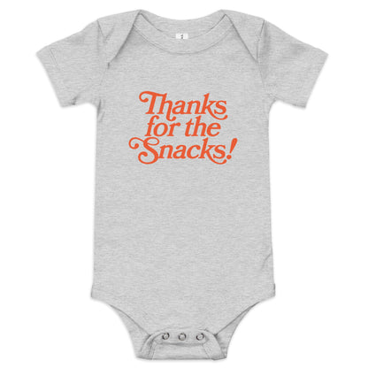 Chunky Deli product image: Grey-colored "Thanks for the Snacks!" bodysuit, 100% cotton with envelope shoulders and three-snap closure, laid flat on a white background.