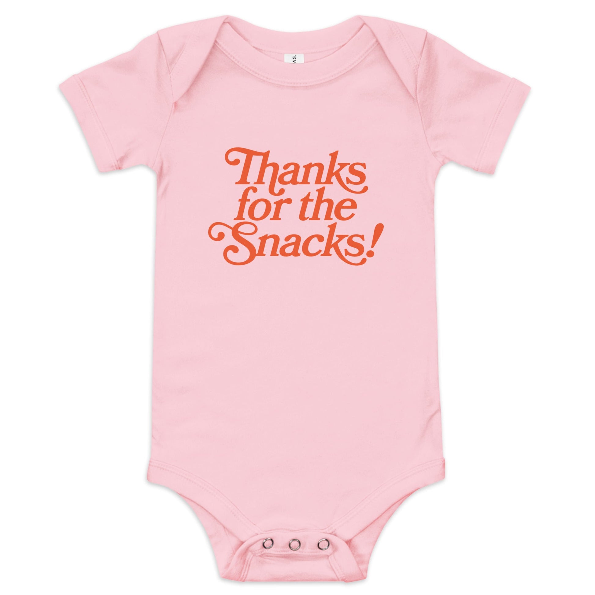 Chunky Deli product image: Pink-colored "Thanks for the Snacks!" bodysuit, 100% cotton with envelope shoulders and three-snap closure, laid flat on a white background.
