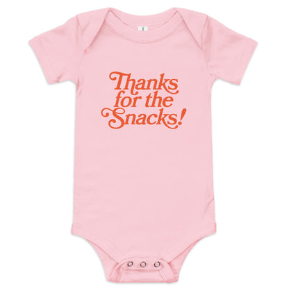 Chunky Deli product image: Pink-colored "Thanks for the Snacks!" bodysuit, 100% cotton with envelope shoulders and three-snap closure, laid flat on a white background.
