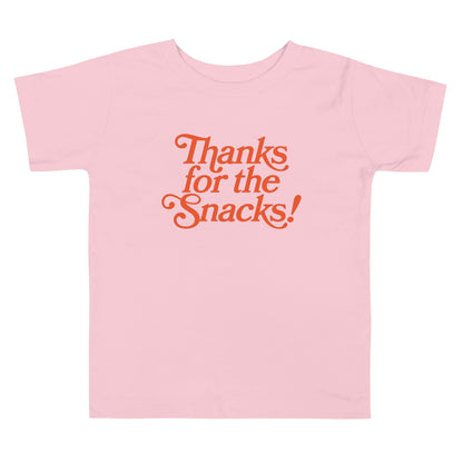 Chunky Deli product image: Pink-colored "Thanks for the Snacks!" kids and toddler t-short 100% cotton laid flat on a white background.