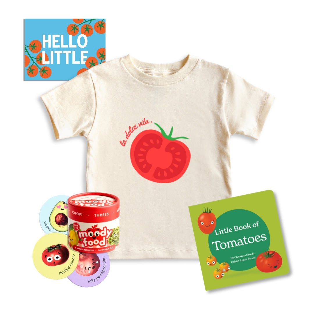 Tomato toddler gift bundle | Chunky deli product image containing a "La Dolce Vita" Kids Tee, Little book of tomatoes, Moody food & A custom gift note tomato themed. 