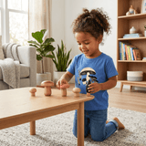 Young girl playing with wooden mushroom toys in a mushroom explorer kids' tee from Chunky Deli. Set in a living room with modern furnishings.