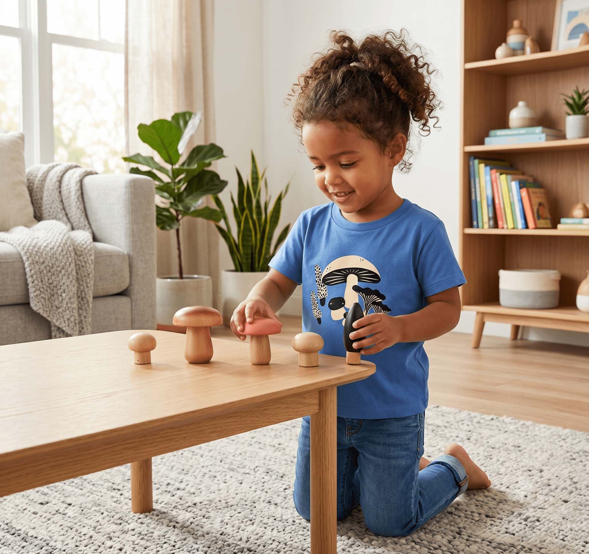 Young girl playing with wooden mushroom toys in a mushroom explorer kids' tee from Chunky Deli. Set in a living room with modern furnishings.