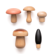 Chunky Deli product image of the Wooden Mushroom Foraging Set including 5 different shaped wooden mushrooms on a white background.