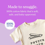 Baby t-shirt with 'Petite Frite' text on a purple background with cotton information.