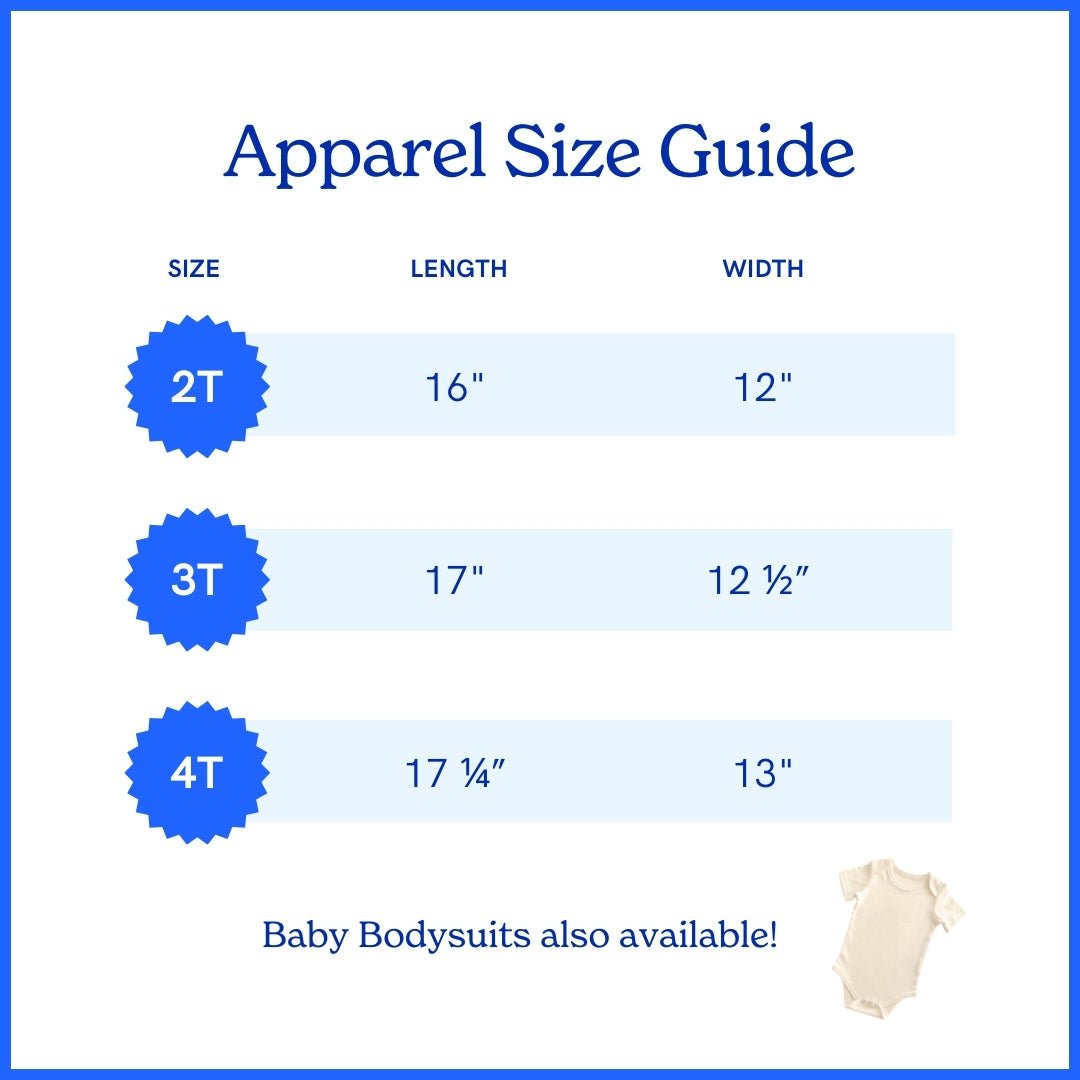 Chunky Deli apparel size guide for children with measurements in inches for length and width, and a baby bodysuit illustration to show they are also available.