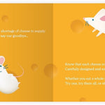 Chunky Deli product image: "Little Book of Cheese" open to the final page, featuring an illustration of two white mice and the concluding rhymes, laid flat on a white background.