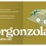  "Little Book of Cheese" open to the Gorgonzola page (green spread), featuring a playful rhyme and an illustration of the Gorgonzola cheese character, laid flat on a white background.