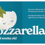 Chunky Deli product image: "Little Book of Cheese" open to the mozzarella spread, featuring an illustration of mozzarella cheese and its accompanying playful rhyme, laid flat on a white background.