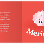 Chunky Deli product image: "Little Book of Cookies" open to the meringue page (red spread), featuring an illustration of meringues and their accompanying playful rhyme, laid on a white background.