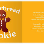 Chunky Deli product image: "Little Book of Cookies" open to the gingerbread cookie page (yellow spread), featuring an illustration of a gingerbread person and its accompanying playful rhyme, laid on a white background.
